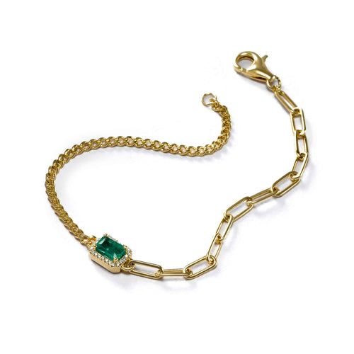 Emerald and Diamond Halo Chain Bracelet, 14K Yellow Gold