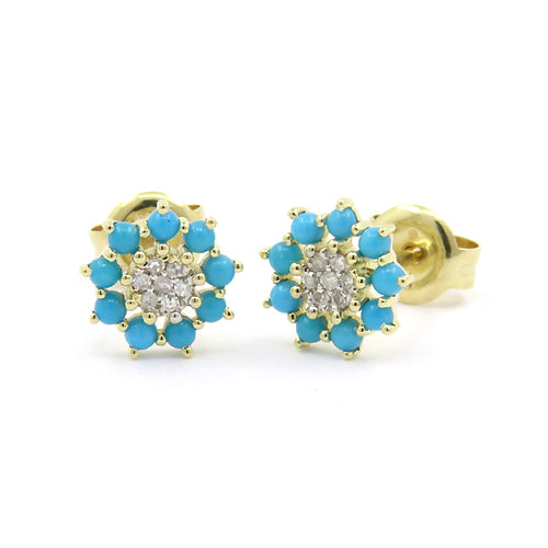 Small Turquoise and Diamond Flower Earrings, 14K Yellow Gold