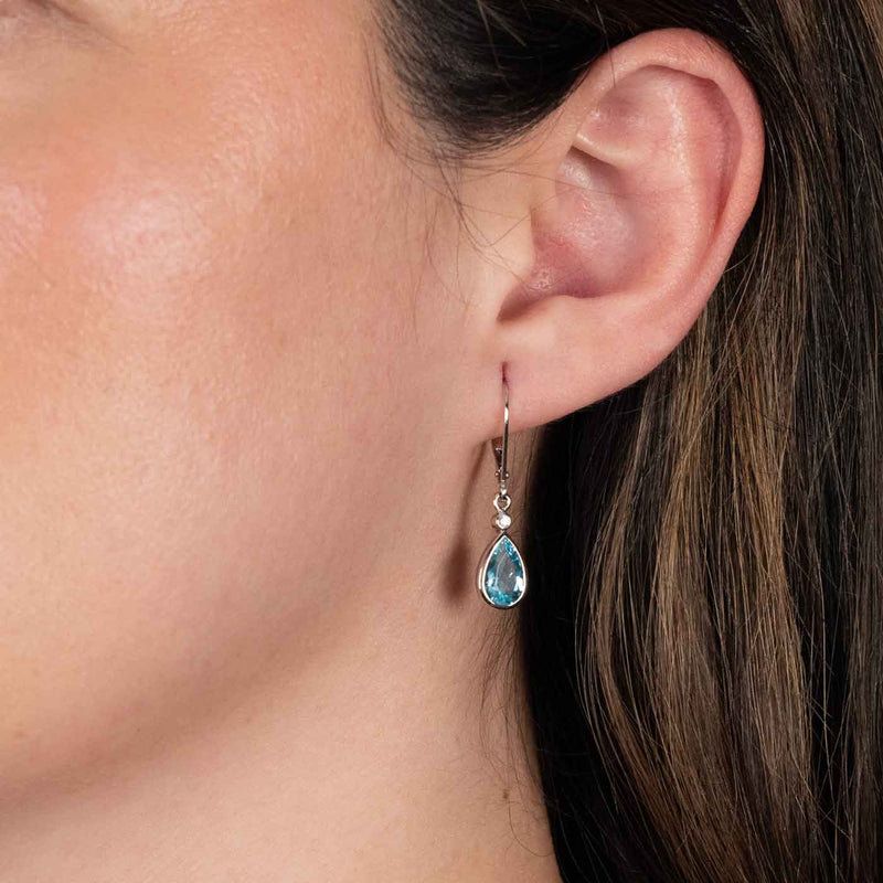 Aquamarine Pear Shaped Dangle Earrings, 14K White Gold