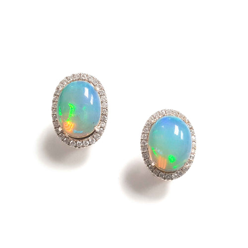 Oval Cabochon Opal and Diamond Halo Earrings, 14K Yellow Gold