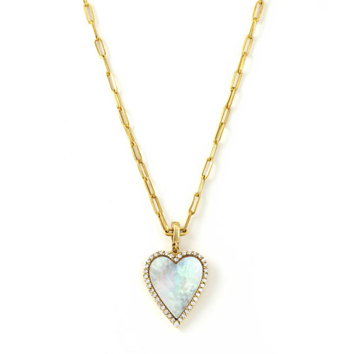 Mother of Pearl Removable Heart on Paperclip Chain, 14K Yellow Gold
