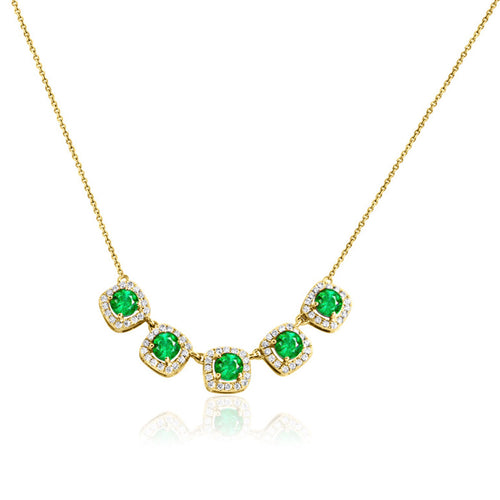 Five Emerald and Diamond Halo Necklace, 14K Yellow Gold