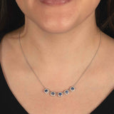 Five Blue Sapphire and Diamond Halo Necklace, 14K White Gold