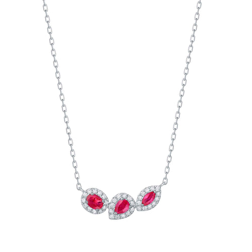 Three Ruby and Diamond Halo Necklace, 14K White Gold