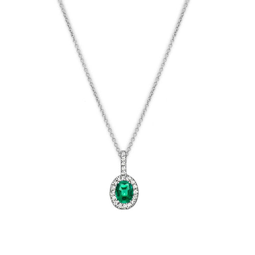 Oval Emerald and Diamond Halo Pendant, 14K White Gold