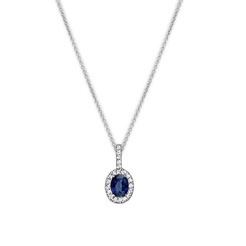 Oval Sapphire and Diamond Halo Pendant, 14K White Gold