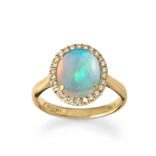 Cabochon Opal and Diamond Halo Oval Ring, 14K Yellow Gold