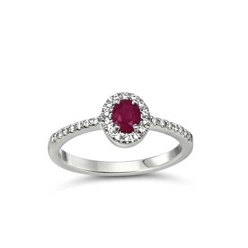 Oval Ruby and Diamond Halo Ring, 14K White Gold
