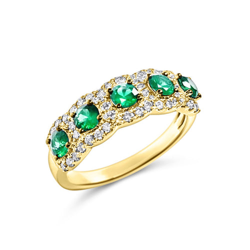 Oval Emerald and Diamond Halo Ring, 14K Yellow Gold