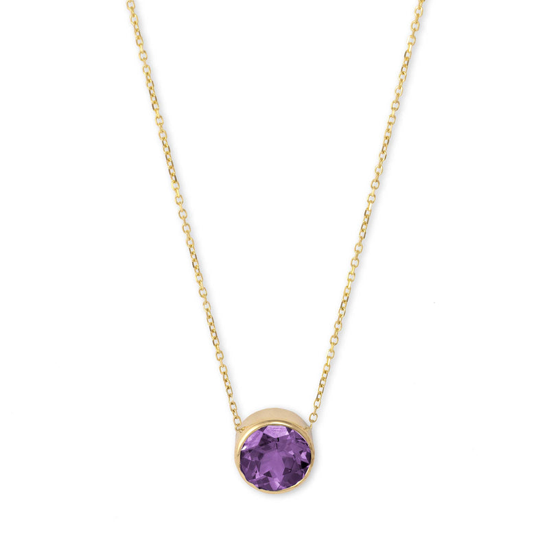 Round Amethyst Necklace, 8 MM, 14K Yellow Gold