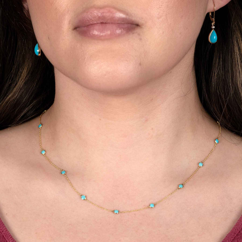 Turquoise Round Station Necklace, 18 Inches, 18K Yellow Gold