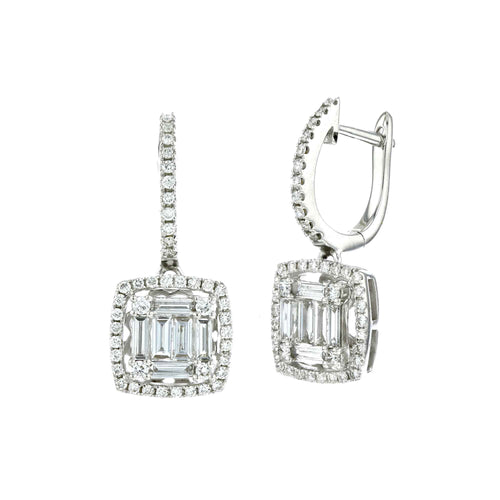 Baguette and Round Diamond Drop Earrings, 18K White Gold