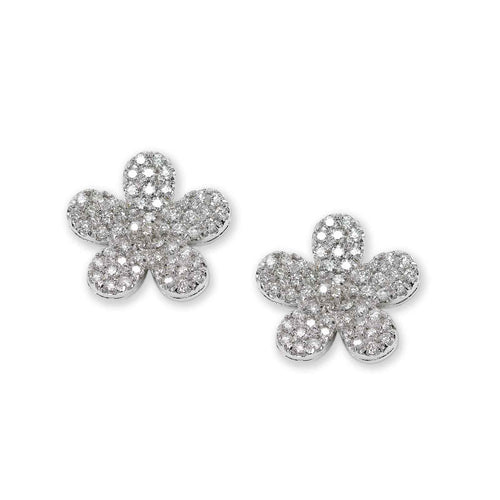Pavé Diamond Flower Earrings, 14K White Gold