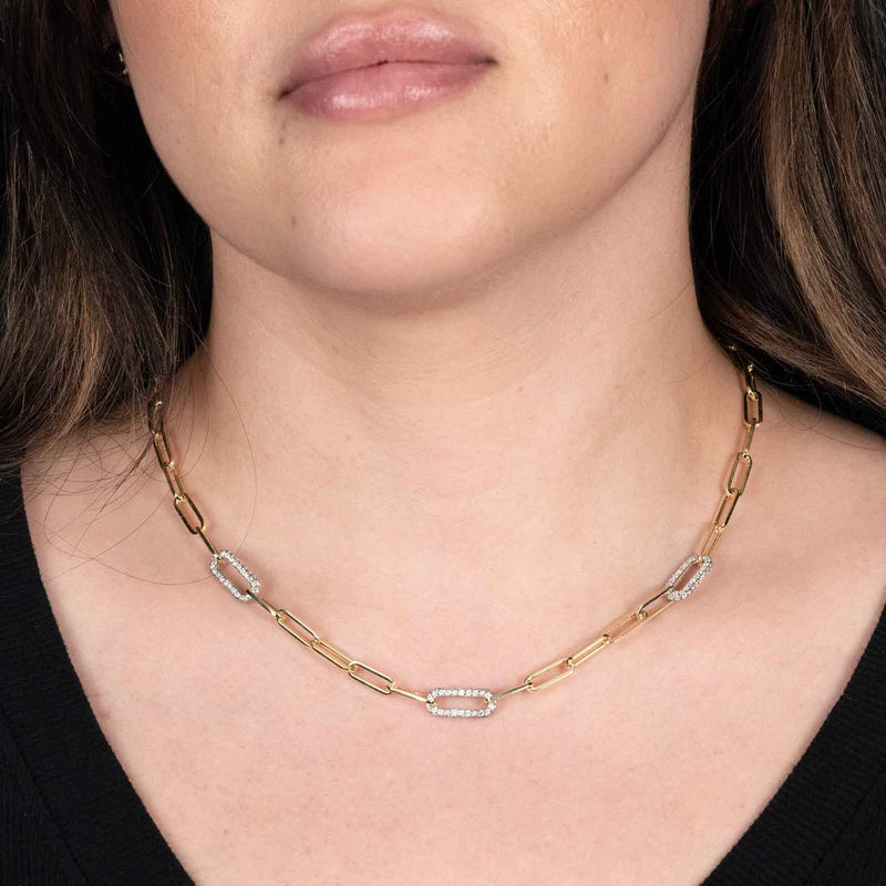Paperclip Chain with Diamond Links, 14 Karat Gold