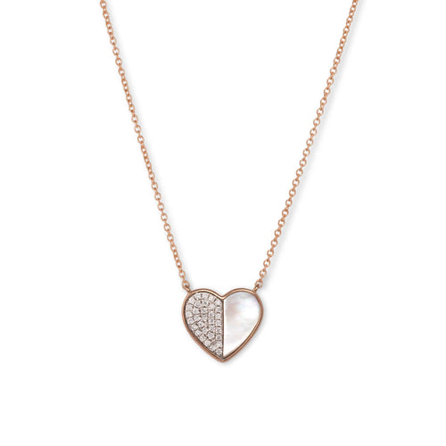 Kids Heart Necklace, Diamonds and Mother Of Pearl, 14K Rose Gold