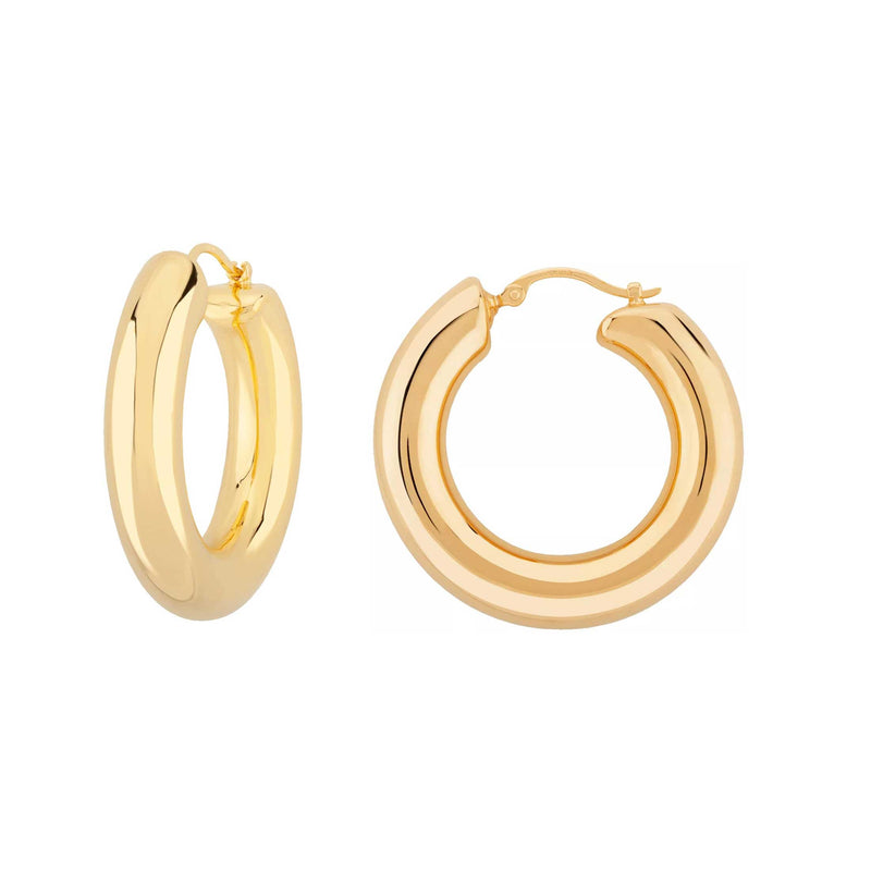 High Polish Tube Hoop Earrings, 1.20 Inches, 14K Yellow Gold
