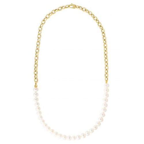 Freshwater Cultured Pearl and Oval Link Necklace, 14K Yellow Gold