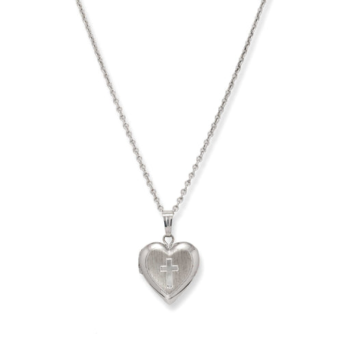 Satin Finish Heart Locket with Cross, 15-Inch Chain, Sterling Silver