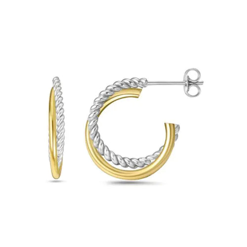 Rope Design Hoop Earrings, Silver and 18K Gold