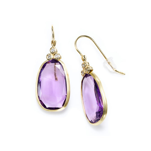 Oval Amethyst Dangle Earrings with Diamond Accent, 14K Yellow Gold