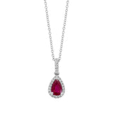 Pear Shape Ruby and Diamond Pendant, 14K White Gold
