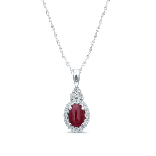 Oval Ruby Cabochon and Diamond Pendant, 14K White Gold