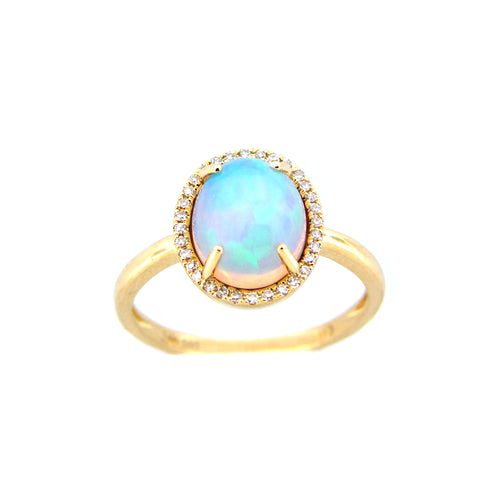 Oval Opal Cabochon and Diamond Halo Ring, 14K Yellow Gold