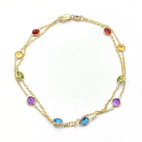 Two Strand Multi Color Gemstone Bracelet, 7 Inches, 14K Yellow Gold