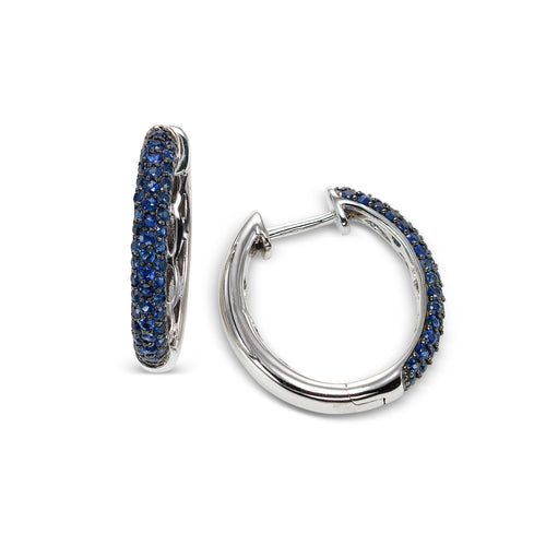 Pavé Set Blue Sapphire Hoop Earrings, 14k White Gold
