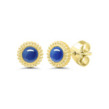 Framed Round Sapphire Stud Earrings, 14K Yellow Gold