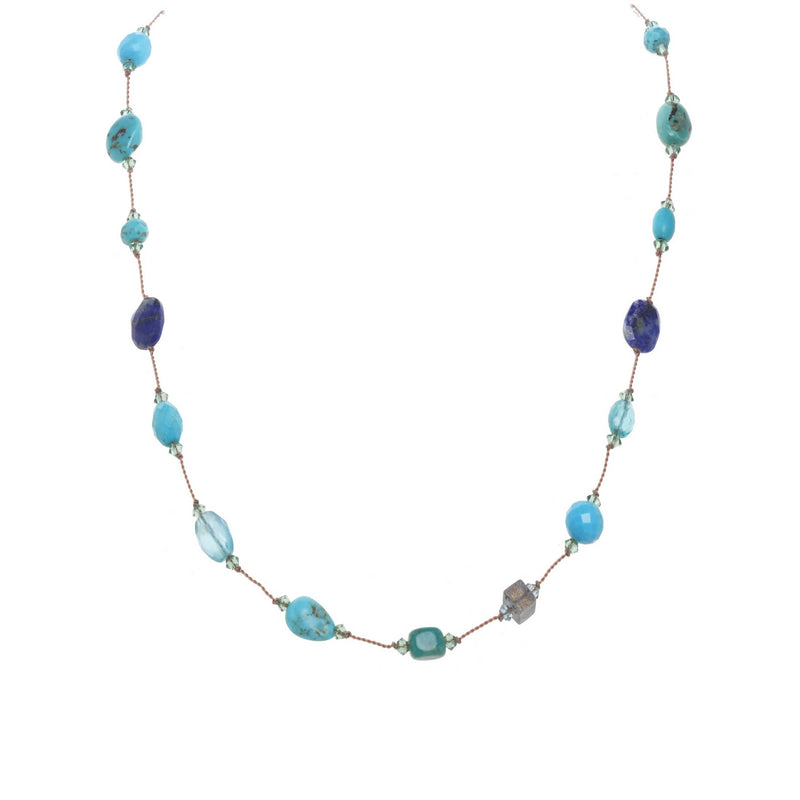 Multi Stone Blue Tone Necklace, 17 Inches, Sterling Silver