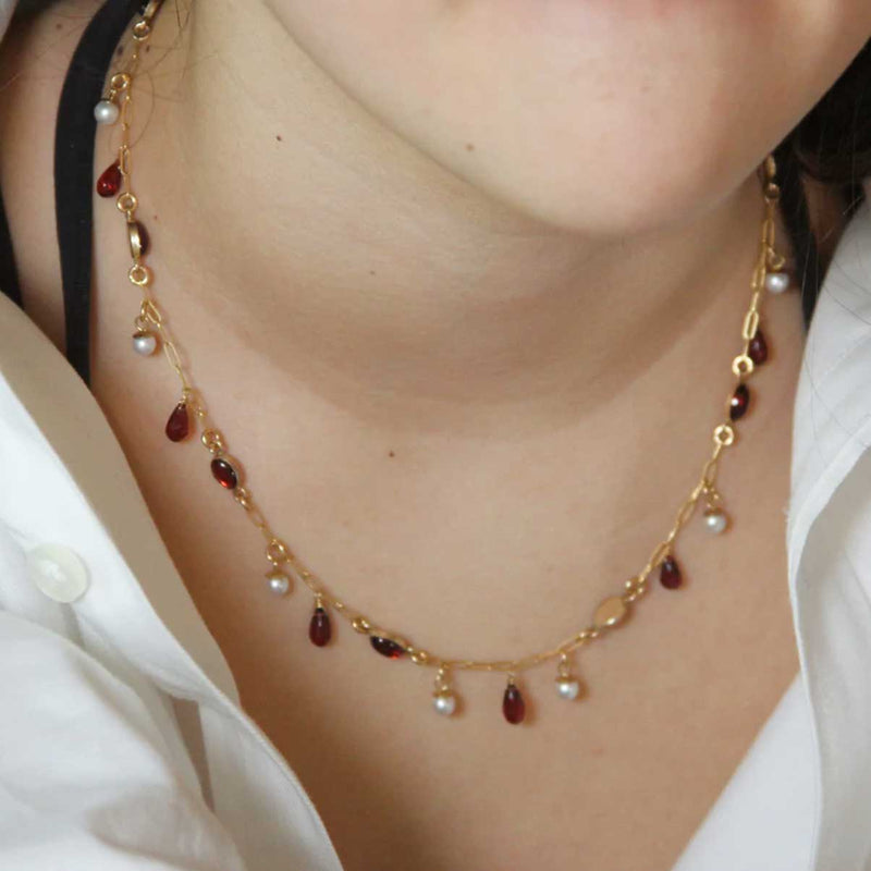 Garnet and Pearl Drop Necklace, Sterling with Gold Plating