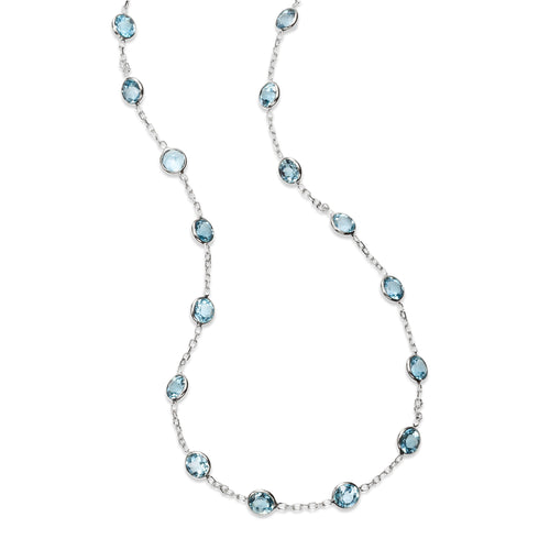 Bezel Set Blue Topaz Station Necklace, 18 Inches, 14K White Gold