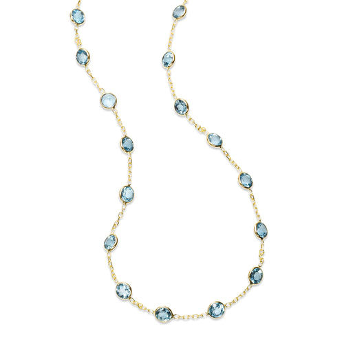 Bezel Set Blue Topaz Station Necklace, 18 Inches, 14K Yellow Gold
