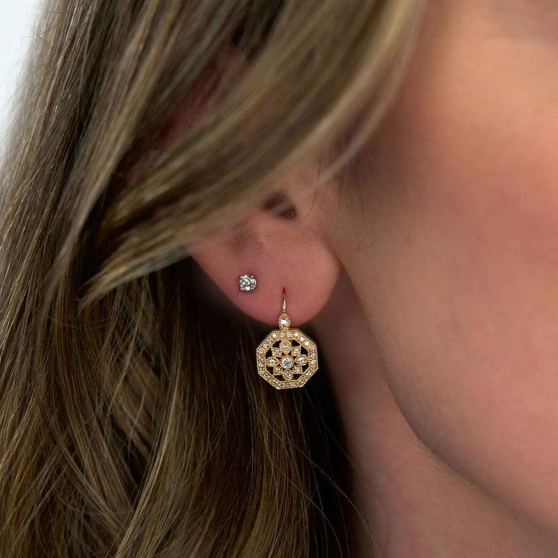 Octagonal Diamond Earrings, .30 Carat, 14K Yellow Gold