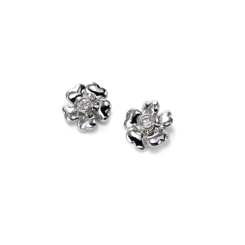 Small Flower Earrings with Diamond Center, 14K White Gold