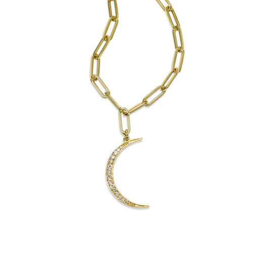 Paperclip Necklace with Diamond Moon, 14K Yellow Gold