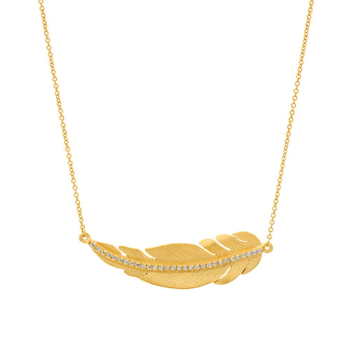 Diamond Feather Necklace, 14K Yellow Gold