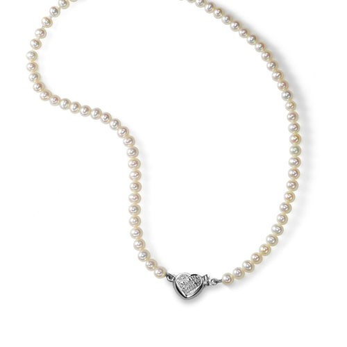 Petite Freshwater Pearl Necklace, With Heart Clasp, 14K White Gold