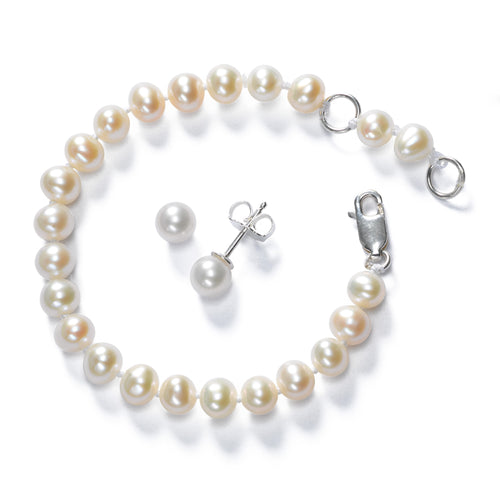 Child's Pearl 6-Inch Bracelet and Earrings, Set, Sterling Silver