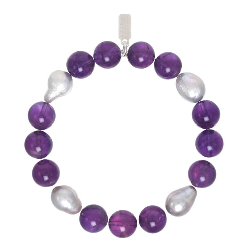 Purple Amethyst Ball with Small Grey Baroque Pearls Stretch Barcelet