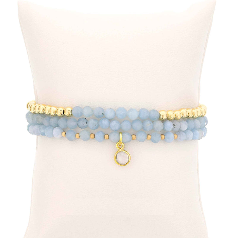 Aquamarine and Gold Filled Beads, 4MM, Stretch Bracelets, Set of 3