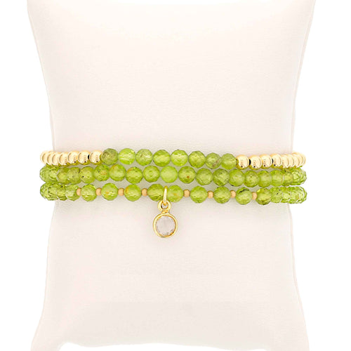 Peridot and Gold Filled Beads, 4MM, Stretch Bracelets, Set of 3