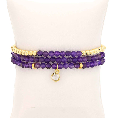 Amethyst and Gold Filled Beads, 4MM, Stretch Bracelets, Set of 3