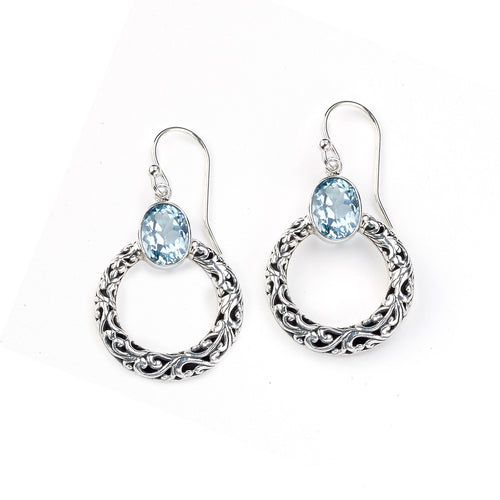 Circle Design Dangle Earrings with Blue Topaz, Sterling Silver