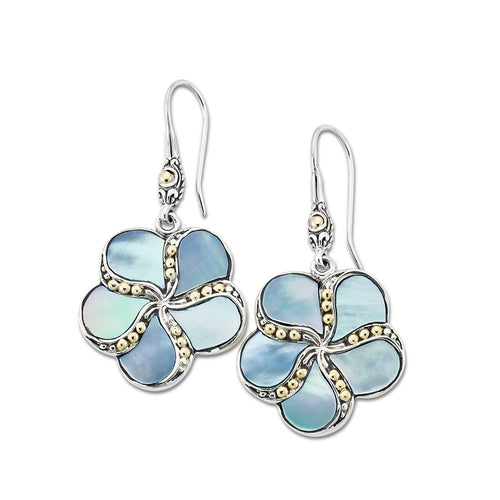 Blue Mother of Pearl Flower Drop Earrings, Sterling Silver