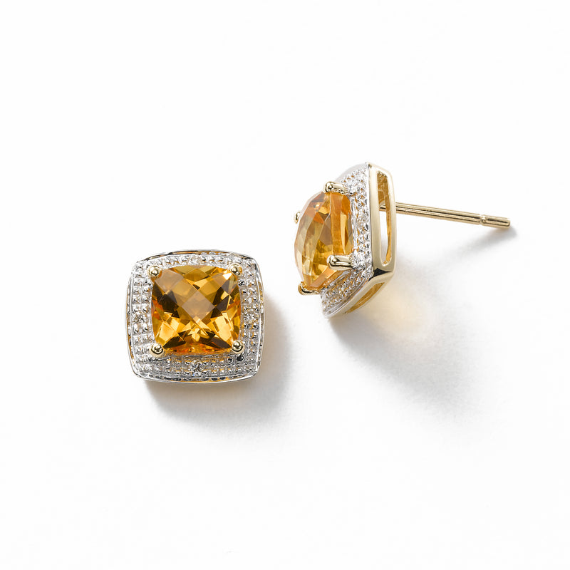 Square Citrine Stud Earring, 14K Yellow Gold