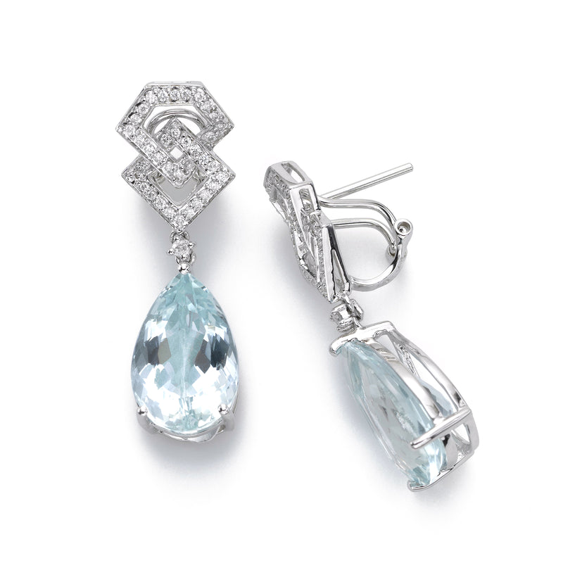 Deco Style Aquamarine and Diamond Earring, 1.50 Inch, 14K White Gold