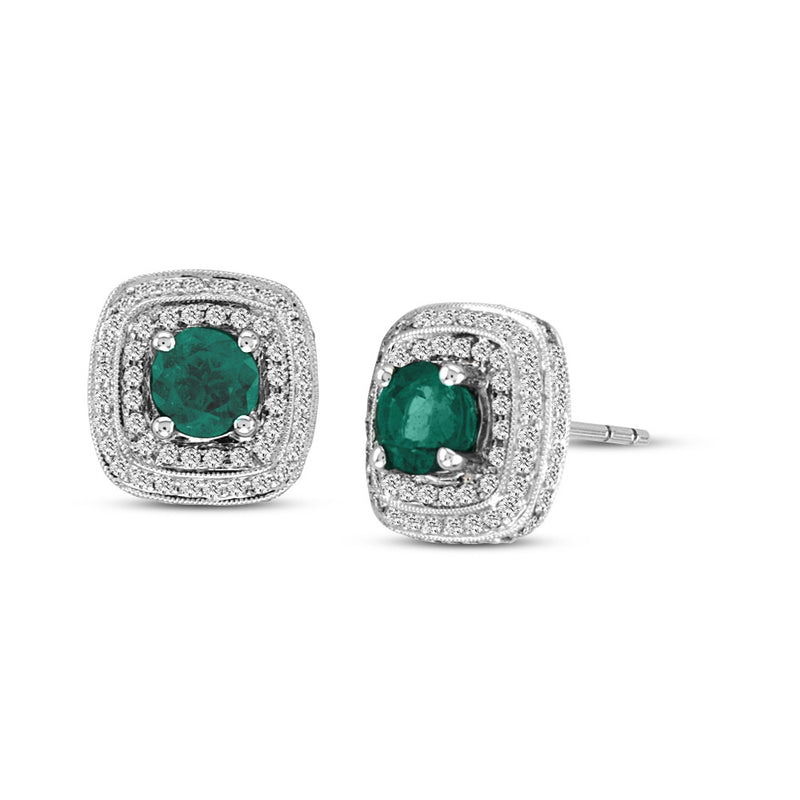 Emerald Double Row Halo Square Earrings, 18K White Gold