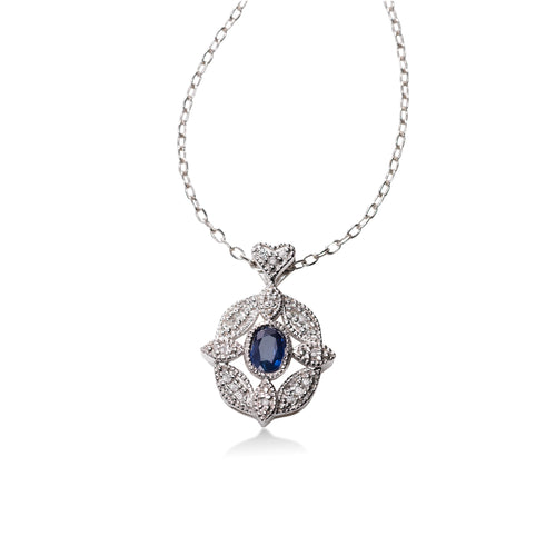 Oval Blue Sapphire and Diamond Filigree Pendant, 14K White Gold